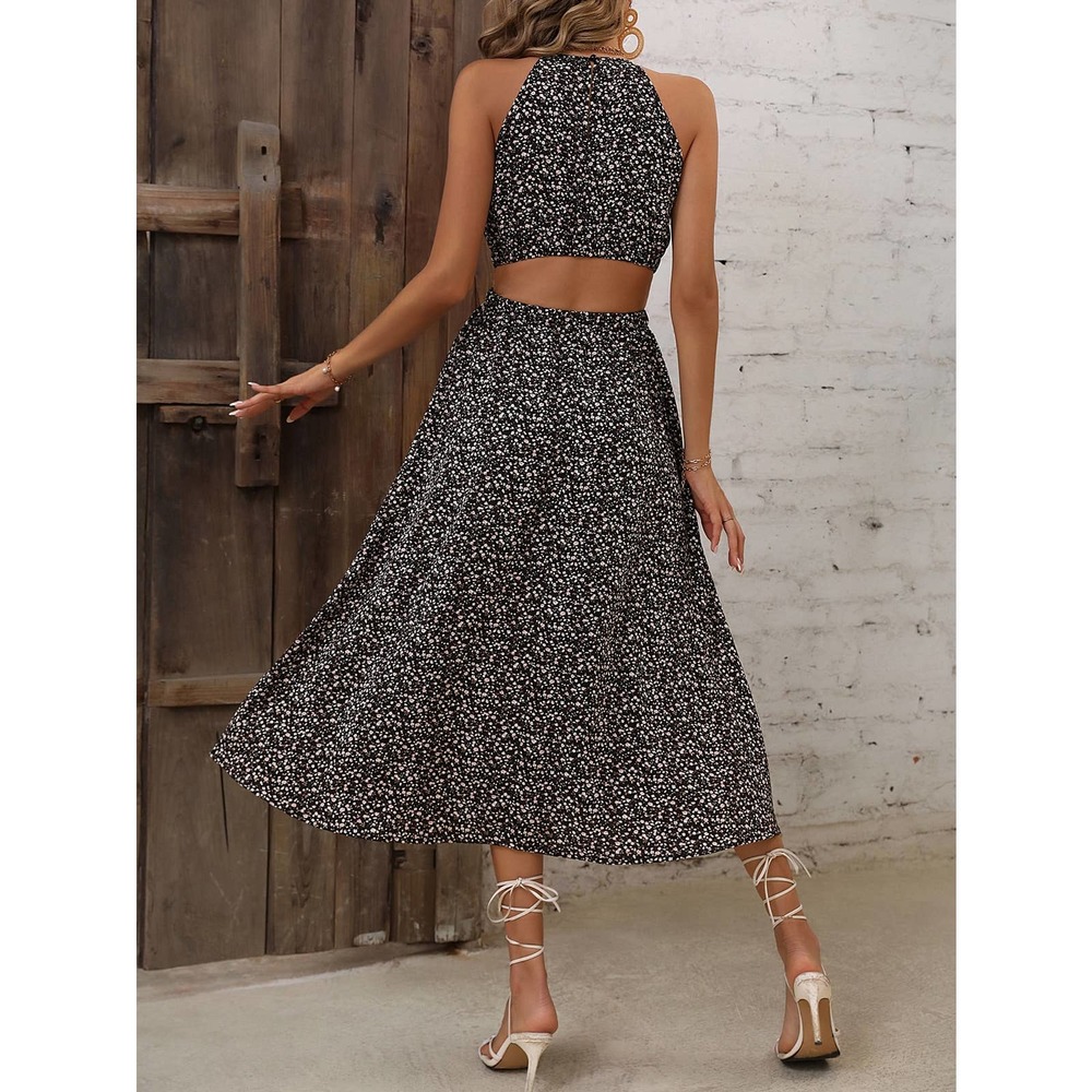 boho Floral Print Cut Out Waist Halter midi Dress - Picture 2 of 9